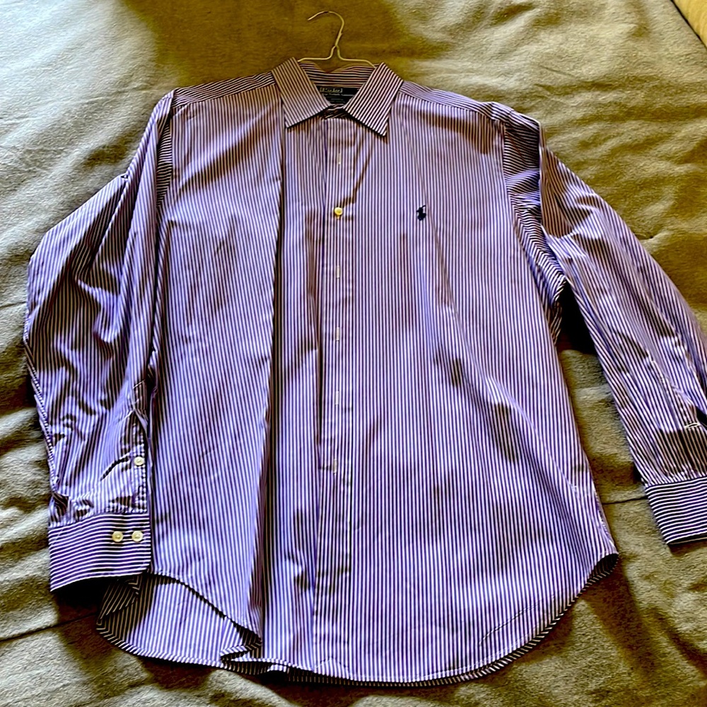 Men’s Polo by Ralph Lauren purple with white pin stripe size 16 1/2 x 34/35